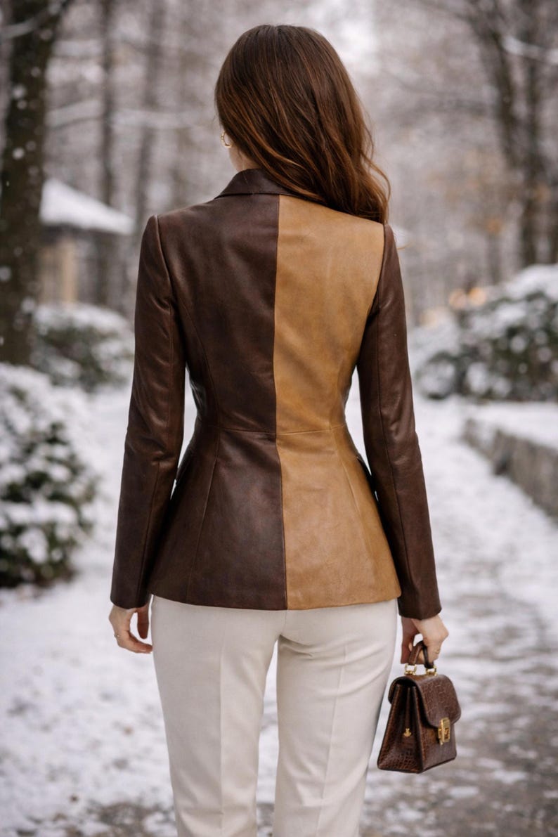 “Back view of a woman wearing a two-tone brown leather blazer with gold double-breasted buttons, tailored fit, luxury office style, showing clean seam lines and structured shoulders.”