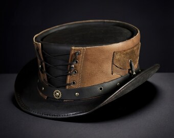 Sombrero de copa de vaquero de cuero hecho a mano / Sombrero western steampunk / Sombrero gótico de motociclista con cordones para festivales