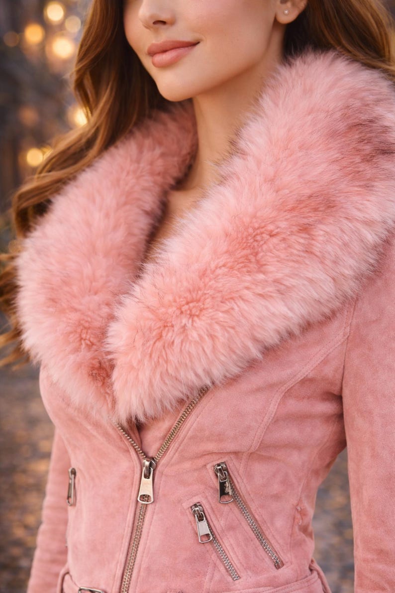 Close up of soft pink faux fur collar on women’s suede jacket, luxury winter fashion detail