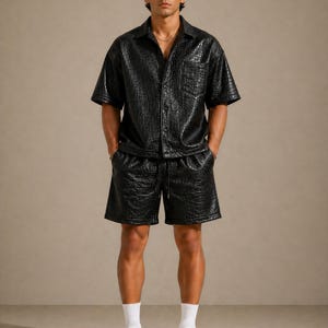 Black croc leather matching set men luxury streetwear short sleeve shirt shorts