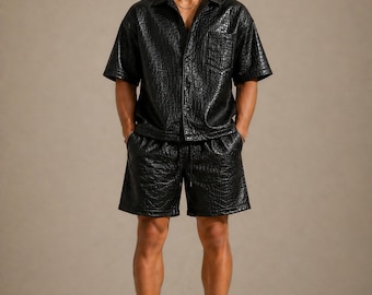Men Croc embossed Leather Shirt Shorts Set Luxury Summer Streetwear Outfit