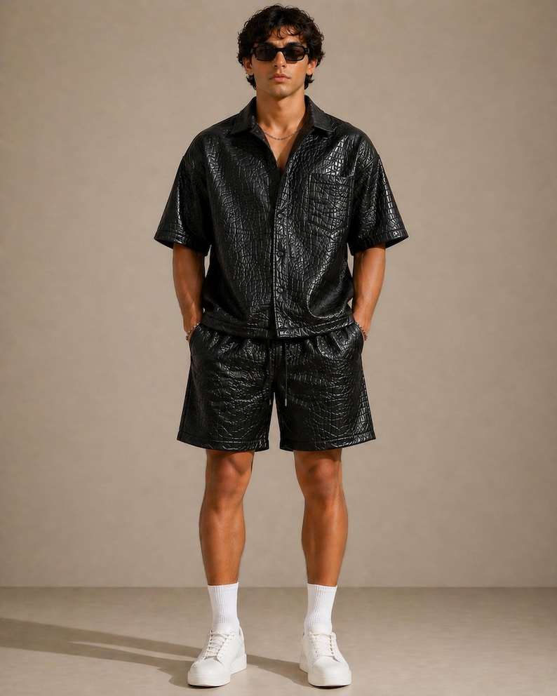 Black croc leather matching set men luxury streetwear short sleeve shirt shorts