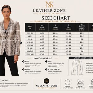 Women’s snake print leather blazer size chart with detailed measurements for bust, waist, hips, sleeve, and jacket length.