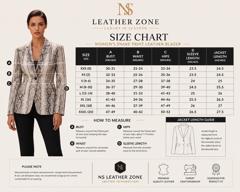 Women’s snake print leather blazer size chart with detailed measurements for bust, waist, hips, sleeve, and jacket length.