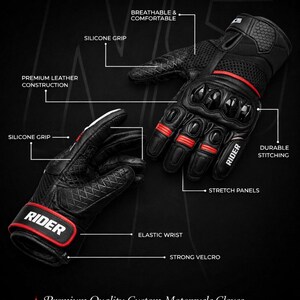 Premium black leather motorcycle gloves with hard knuckle armor, silicone grip, breathable panels and strong Velcro wrist closure