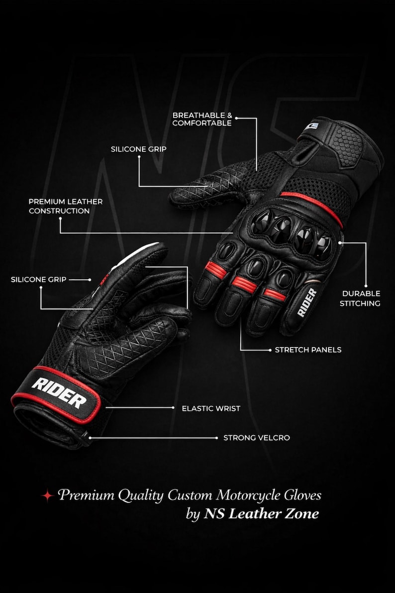 Premium black leather motorcycle gloves with hard knuckle armor, silicone grip, breathable panels and strong Velcro wrist closure