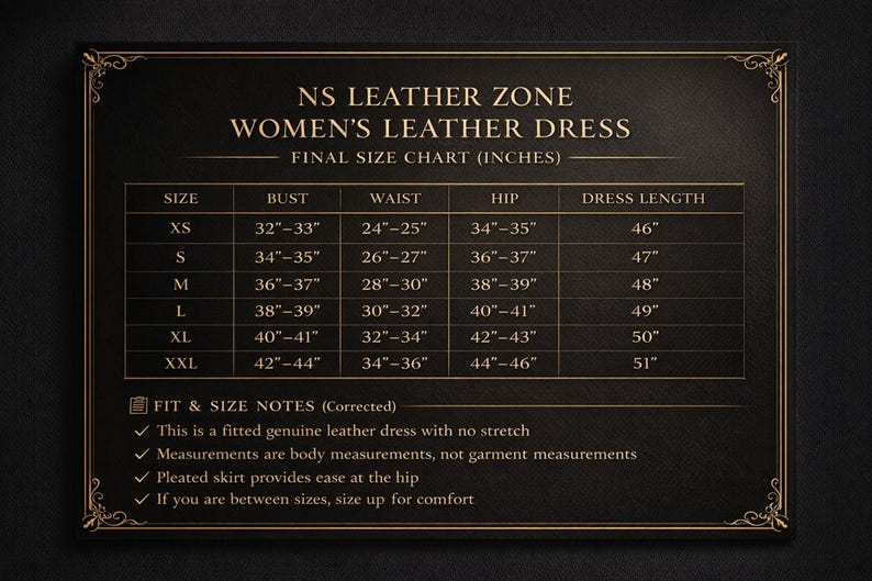 Womens leather dress size chart body measurements guide inches
