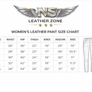 "Size chart for high-waisted black leather skinny pants, slim fit trousers, showing waist, hip, thigh, and length measurements for accurate sizing."