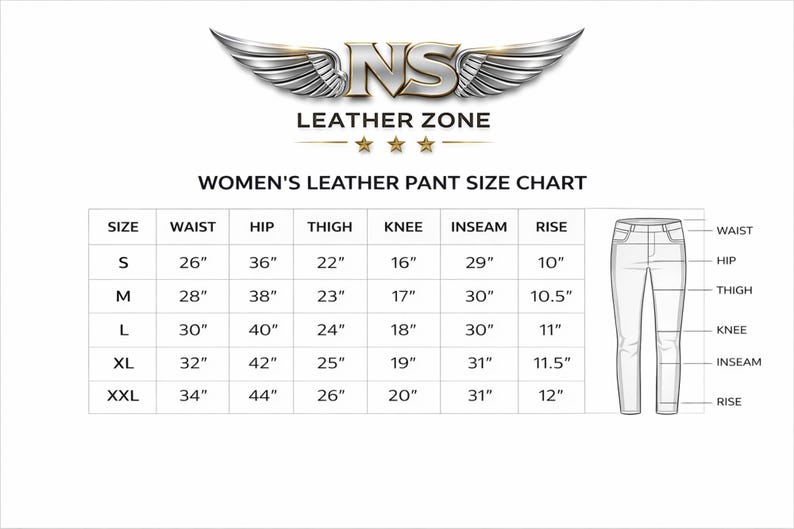 "Size chart for high-waisted black leather skinny pants, slim fit trousers, showing waist, hip, thigh, and length measurements for accurate sizing."