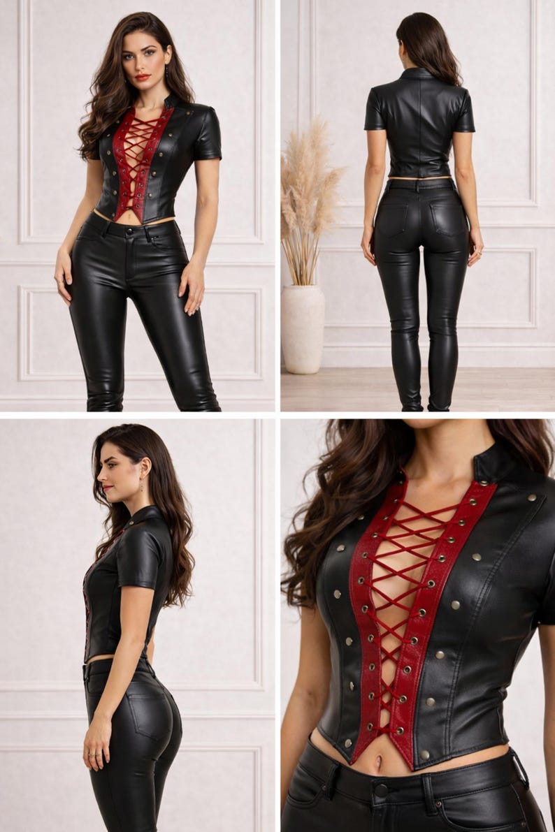 Women real sheepskin leather outfit set collage showing front back side and detail views of corset and pants