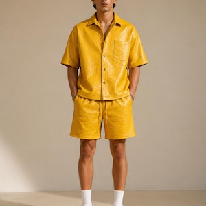 Yellow croc leather shirt shorts set men back view casual outfit