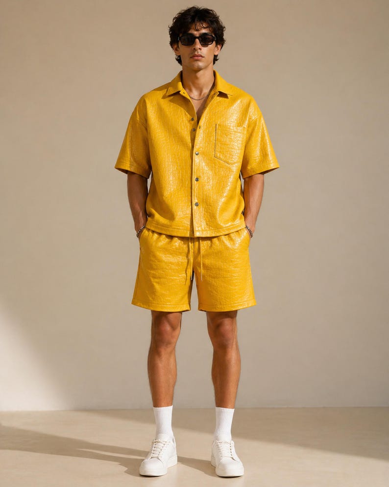 Yellow croc leather shirt shorts set men back view casual outfit