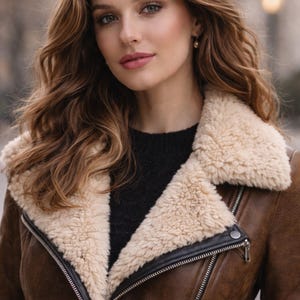 Close-up of women’s shearling style leather coat showing soft faux fur collar and premium stitching detail