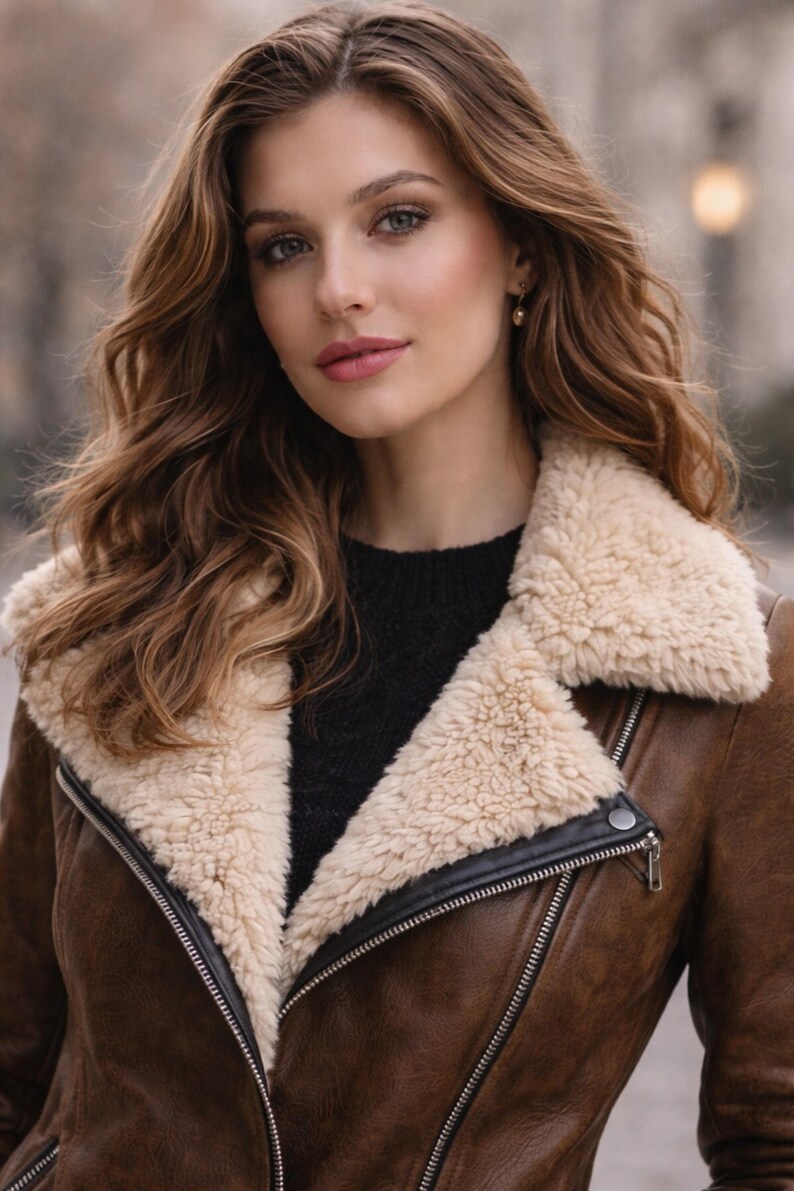 Close-up of women’s shearling style leather coat showing soft faux fur collar and premium stitching detail