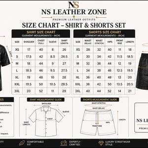 NS Leather Zone size chart shirt and shorts set men croc leather outfit measurement guide chest shoulder waist hips front rise diagram premium streetwear sizing chart