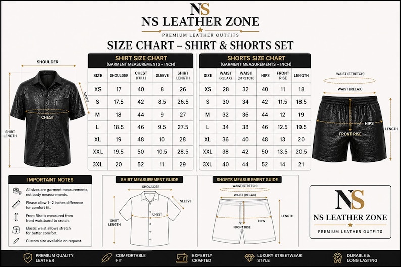 NS Leather Zone size chart shirt and shorts set men croc leather outfit measurement guide chest shoulder waist hips front rise diagram premium streetwear sizing chart