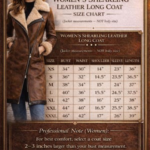 Women’s shearling leather long coat size chart showing jacket measurements for bust, waist, shoulder, sleeve and length