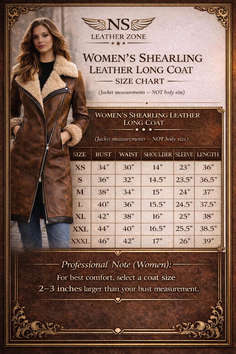 Women’s shearling leather long coat size chart showing jacket measurements for bust, waist, shoulder, sleeve and length