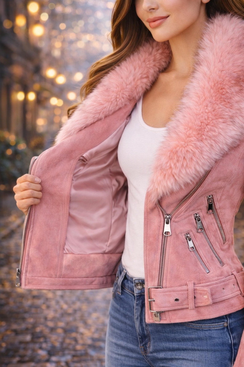 Pink women’s suede jacket open showing inner lining and faux fur collar, premium winter outerwear