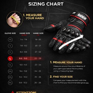 Motorcycle riding gloves size chart showing hand measurements in inches and centimeters for men and women riders