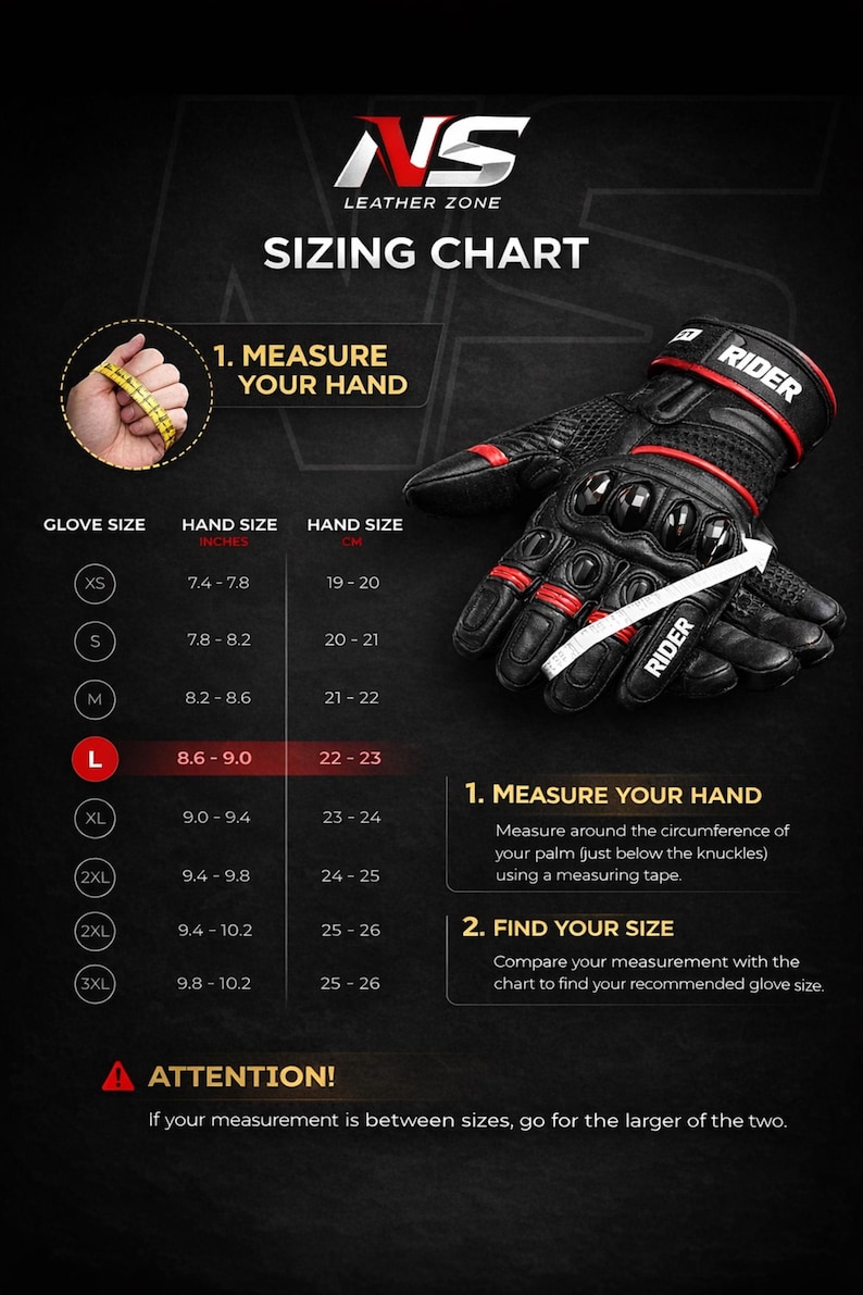 Motorcycle riding gloves size chart showing hand measurements in inches and centimeters for men and women riders