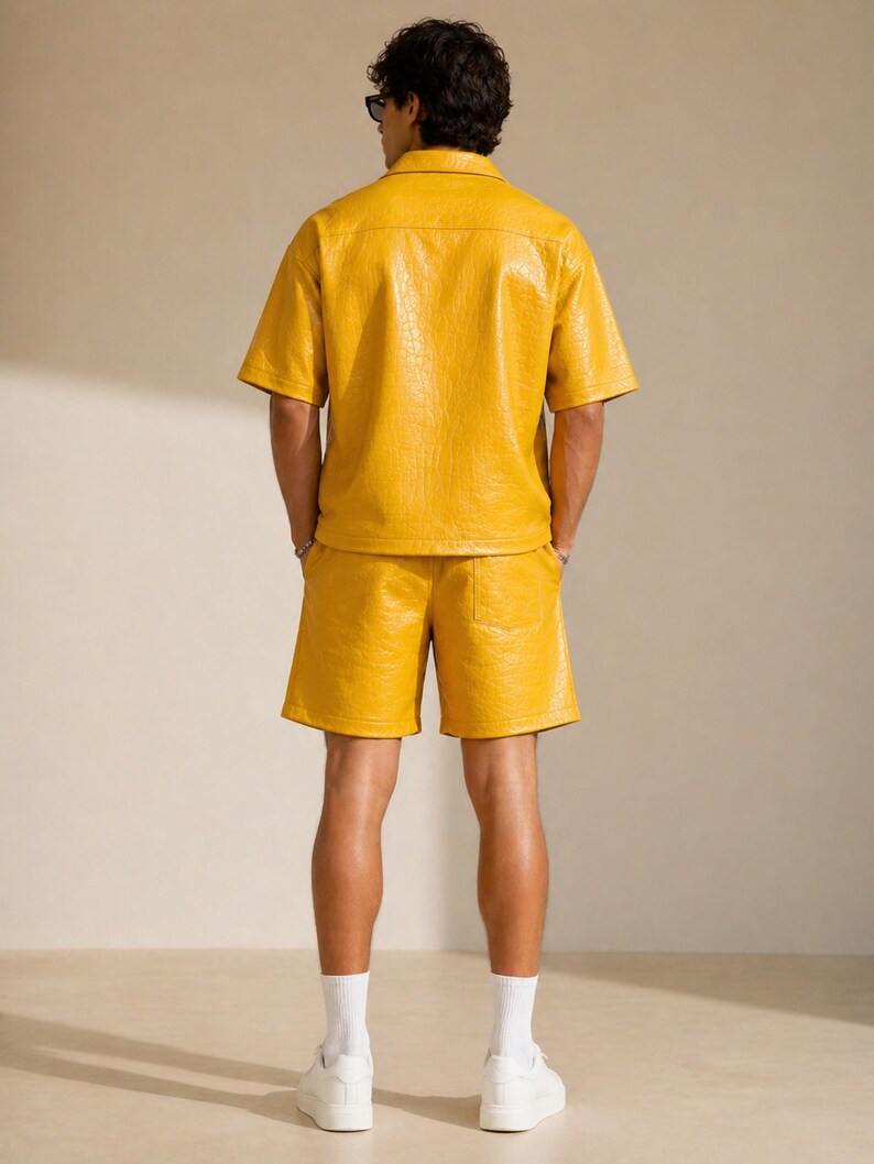 Yellow croc embossed leather summer set men front full body outfit