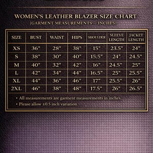 “Size chart for women’s two-tone brown leather blazer with gold double-breasted buttons, including measurements in inches for bust, waist, hips, sleeve length, and jacket length.”