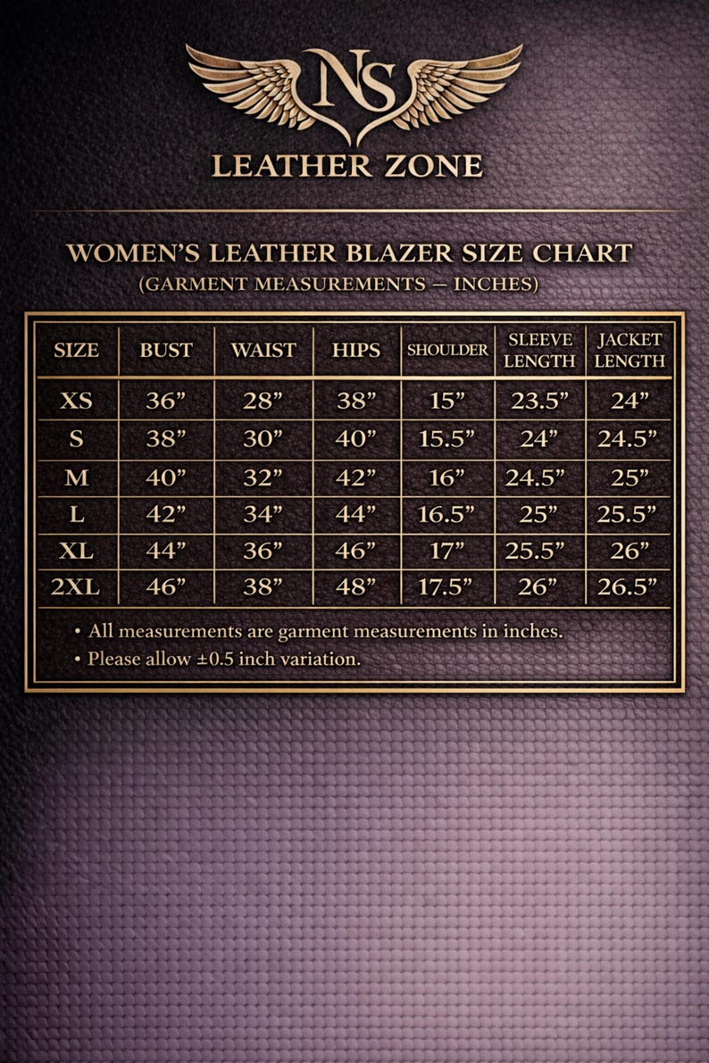 “Size chart for women’s two-tone brown leather blazer with gold double-breasted buttons, including measurements in inches for bust, waist, hips, sleeve length, and jacket length.”