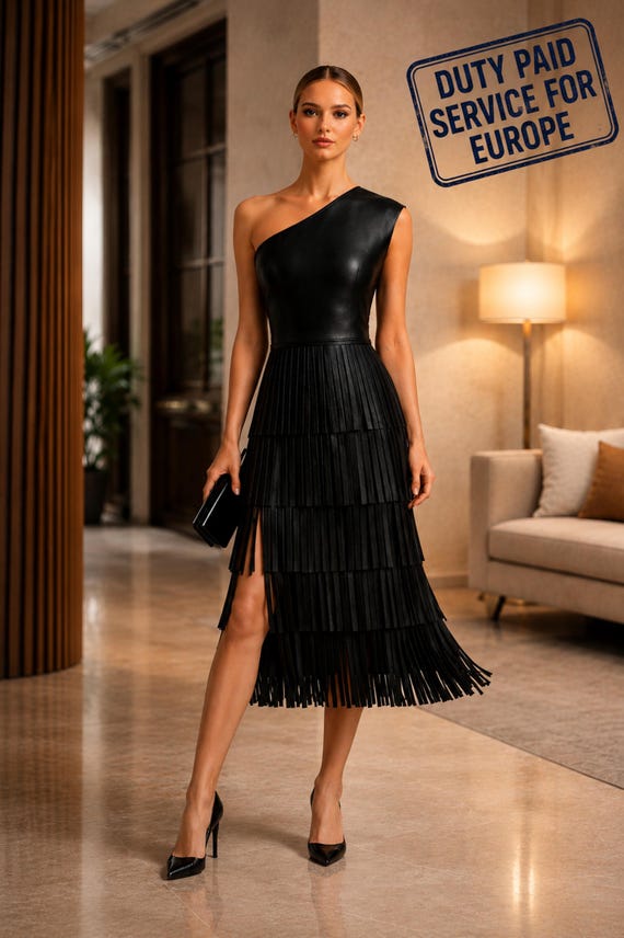 One Shoulder Leather Dress, Black Fringe Midi Evening Outfit, Elegant Asymmetrical Party Wear
