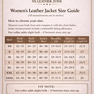 Women’s leather jacket size guide chart with measurements in inches, winter jacket sizing information