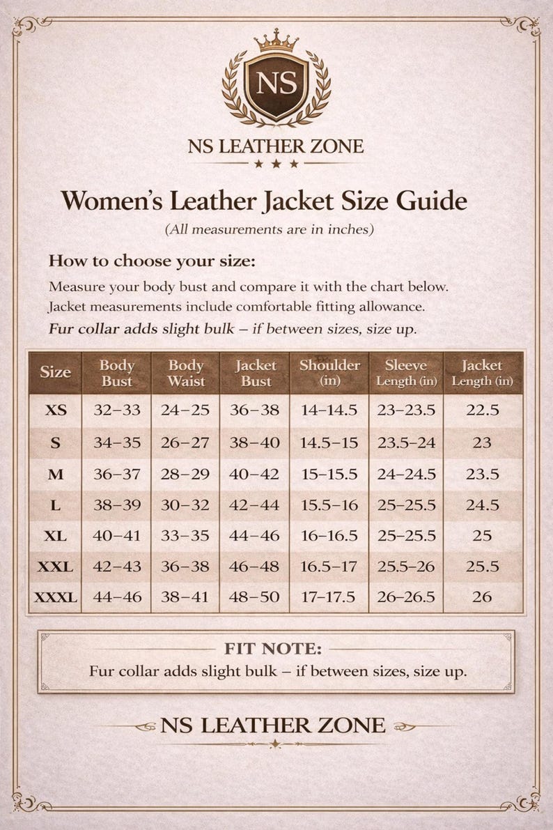 Women’s leather jacket size guide chart with measurements in inches, winter jacket sizing information