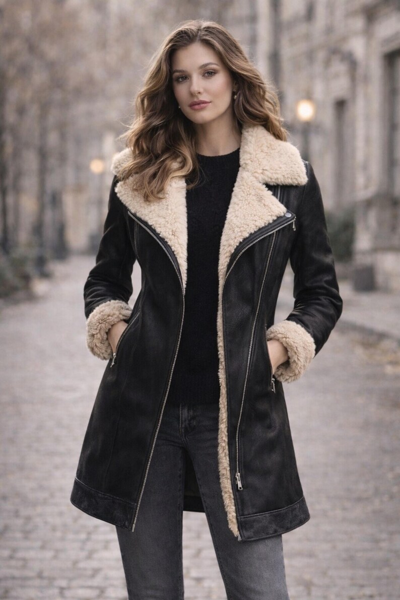 Vintage women’s black shearling coat with faux fur lining, luxury vegan leather long jacket styled for winter street fashion