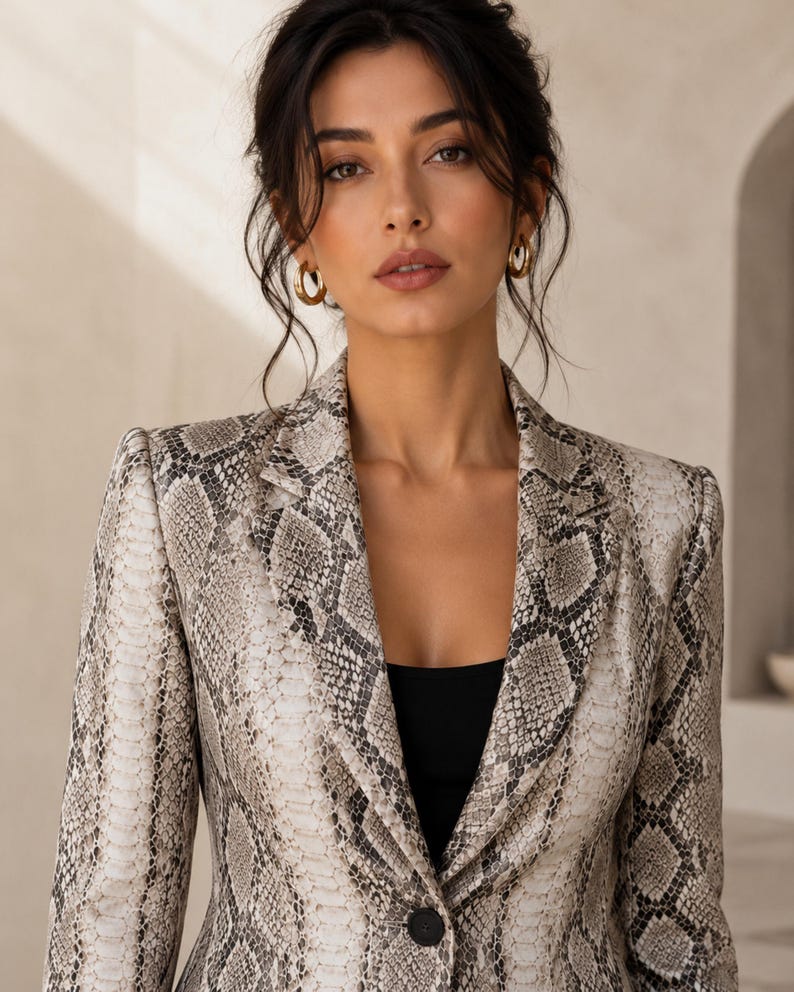 Elegant women’s snake print leather blazer featuring tailored fit, structured shoulders, python pattern, and luxury minimalist styling.