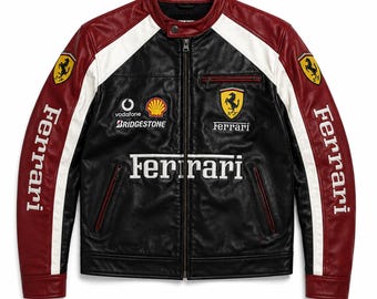 Vintage Ferrari Racing Leather Jacket Men | Biker Moto Jacket | Motorsport Streetwear Coat