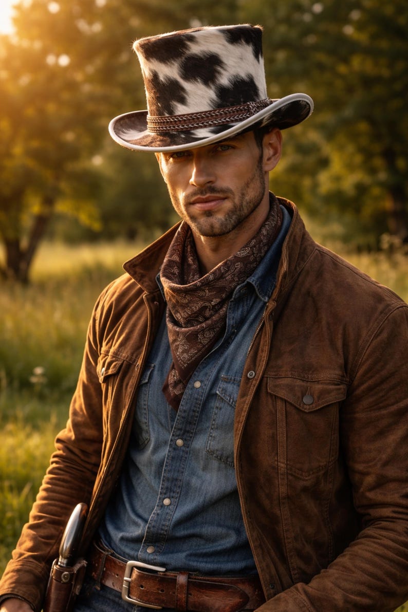Male model wearing cowhide hair-on-hide top hat styled with western outfit in natural setting