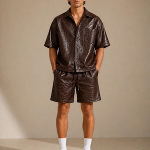 Brown croc embossed leather co-Ord set men casual summer outfit front view