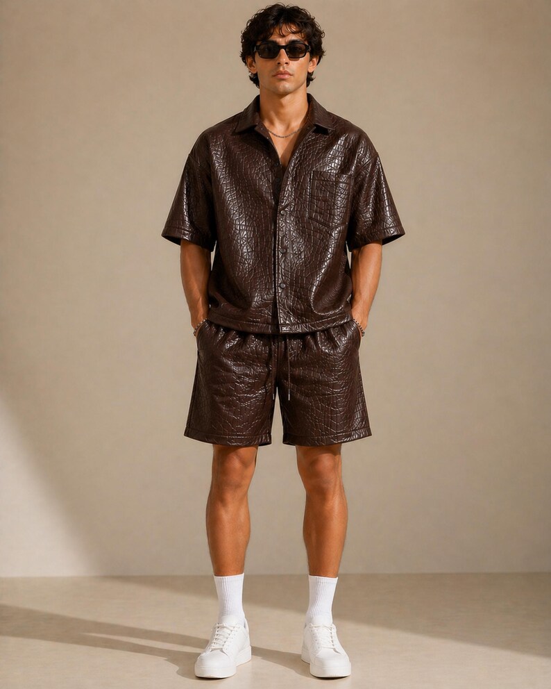 Brown croc embossed leather co-Ord set men casual summer outfit front view