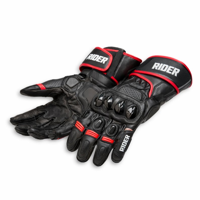 Black leather motorcycle riding gloves with hard knuckle protection, reinforced fingers and adjustable Velcro wrist strap