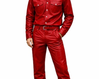 Men's Red Leather Outfit Set Shirt Pants Streetwear Matching Biker Fashion Custom Fit Clothing