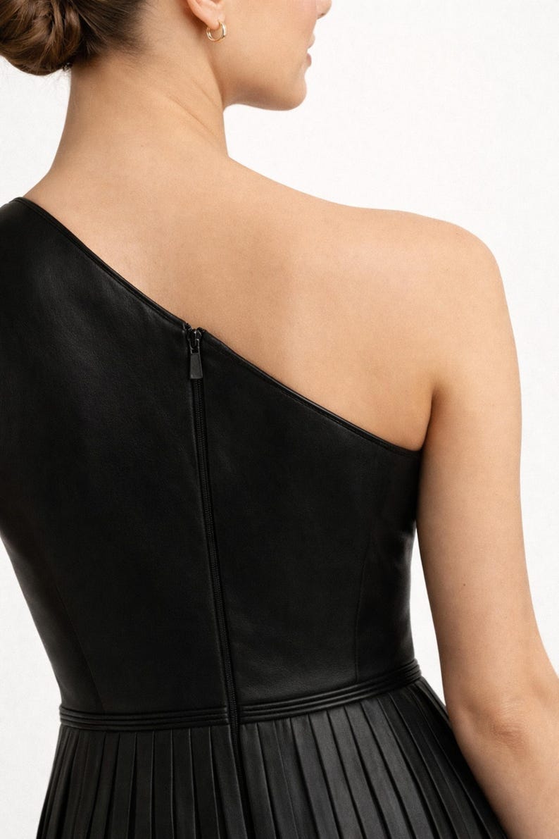 One shoulder leather dress back zipper detail premium women leather dress