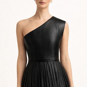 One shoulder black leather dress womens fitted bodice minimalist luxury fashion