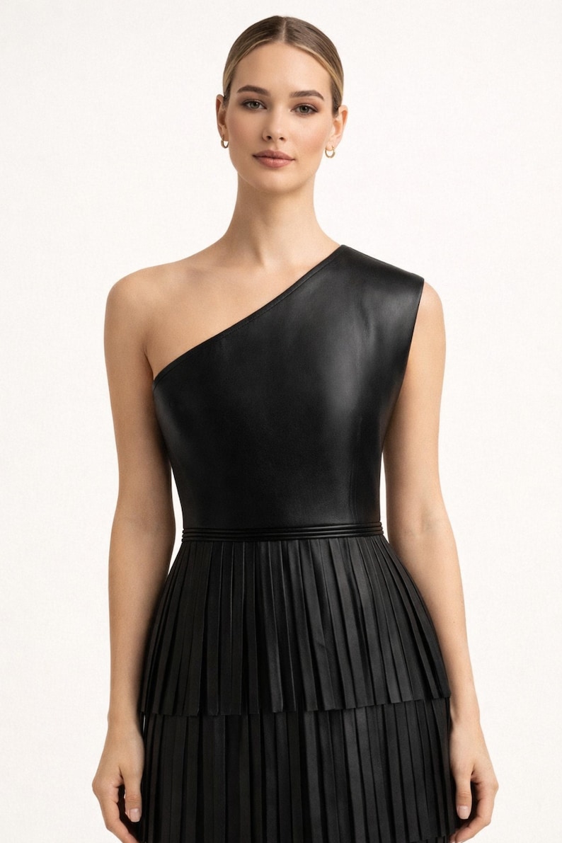One shoulder black leather dress womens fitted bodice minimalist luxury fashion