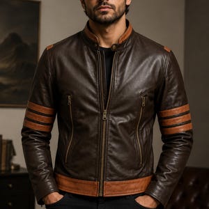 May include: A dark brown leather jacket featuring a mandarin collar, a central metal zipper, and two vertical zippered pockets. The sleeves are accented with two horizontal tan leather stripes, and the hem features a matching tan leather band.