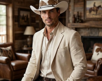 Sombrero vaquero blanco para hombre y mujer: sombrero vaquero estilo vaquera occidental con banda de piel.