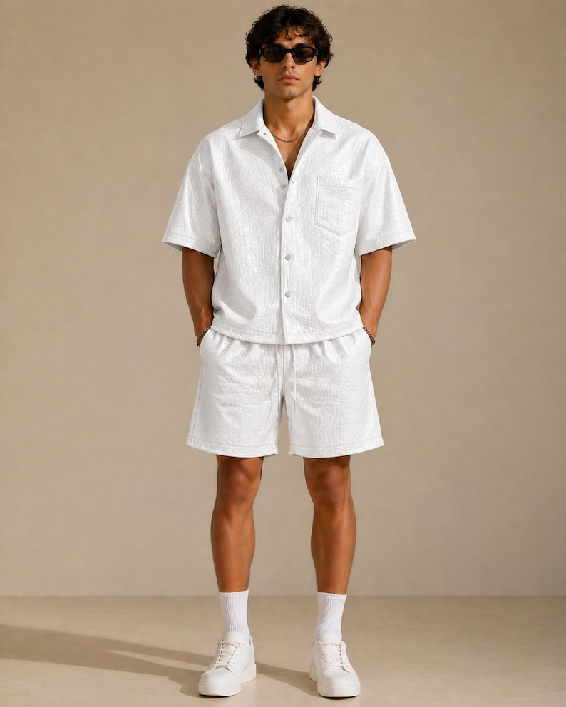 White croc embossed leather summer set men minimal luxury outfit