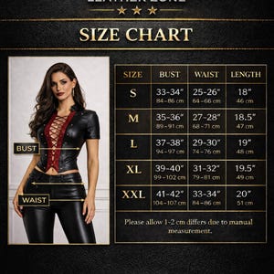 Size chart for women real leather corset top and pants set with bust waist measurements and fitting guide