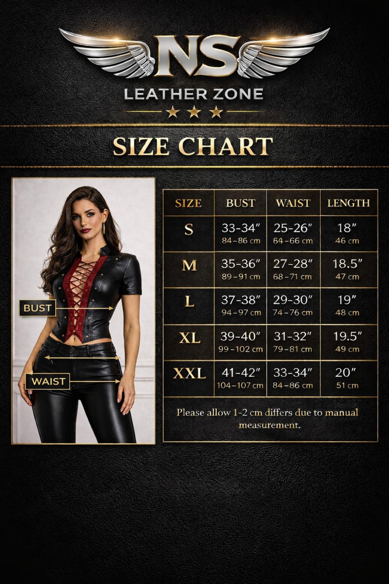 Size chart for women real leather corset top and pants set with bust waist measurements and fitting guide