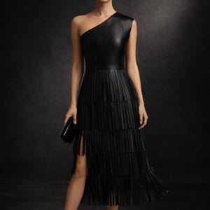 Black one shoulder leather dress with layered fringe midi skirt worn by model in dark luxury studio setting, elegant asymmetrical evening party outfit full body view