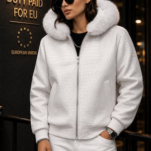 Unisex Crocodile Leather Jacket Fur Hood Winter Biker Streetwear Luxury Coat