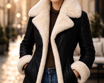 Genuine Hide Shearling Coat | Brown Fur Trim, Retro Winter Jacket